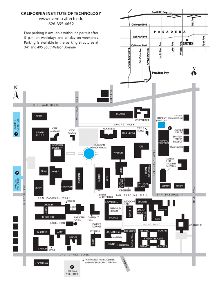 Map of Caltech Campus showing bus and parking locations in blue