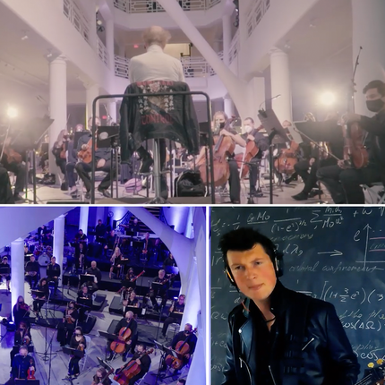 three pictures: the top of a conductor from behind, the bottom left an orchestra, and bottom right a man with a guitar