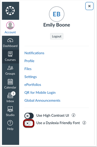 Screenshot of User Account Tray with Dyslexia Font Toggle
