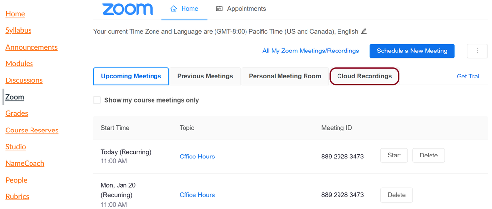 Screenshot of the Zoom integration in a Canvas course, showing meeting options and available tabs