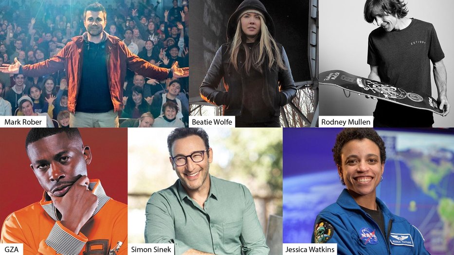 Portraits of Mark Rober, Beatle Wolfe, Rodney Mullen, GZAm Simon Sinek, Jessica Watkins