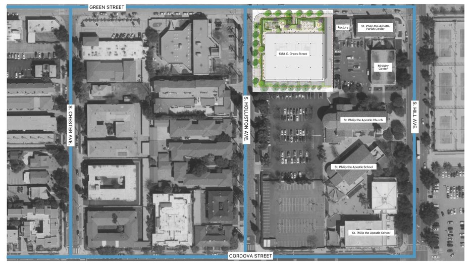 A preliminary overhead visual of a planned building is rendered in color on a black-and-white aerial street view