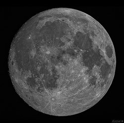 Black and white image of near full moon taken in Jackson Hole Wyoming using a Planewave 12.5" telescope and a Canon 5D Mk4 camera. It is made from 100 separate images that were stacked to produce a low noise and high resolution image.