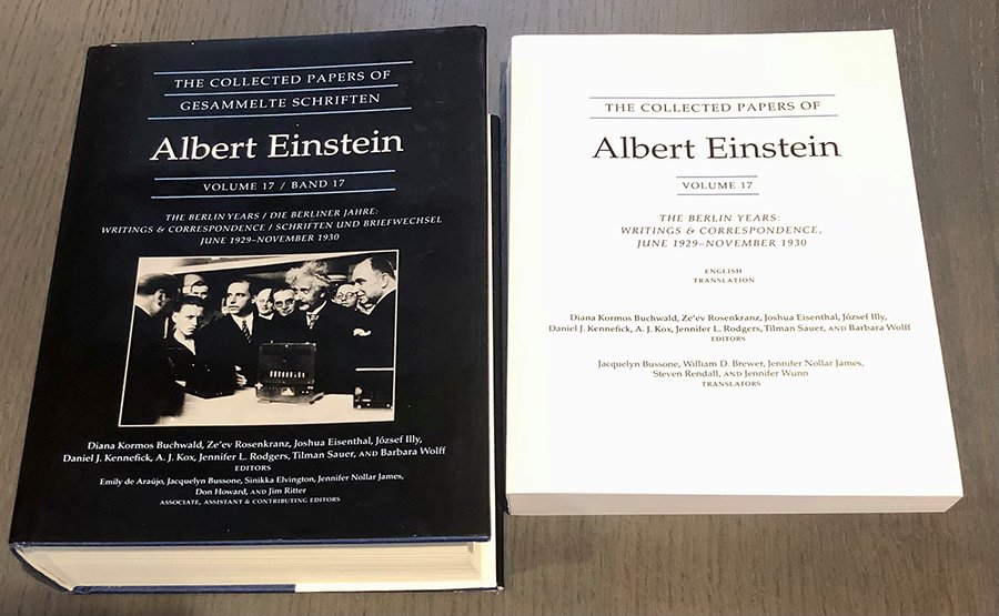 closed volumes, shot from above, showing the advance copies of the documentary edition and translation volume of volume 17 of The Collected Papers of Albert Einstein