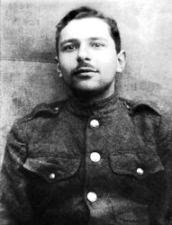 Student ID photo, head and shoulders portrait of young Mathisson, wearing soldier&#x27;s garb.