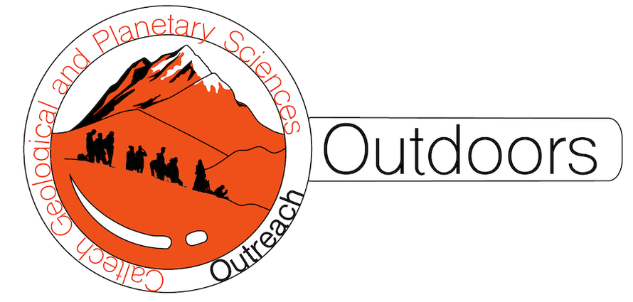 Logo of Caltech GPS Outreach – Outdoors, with orange mountains with black silhouettes of students learning.