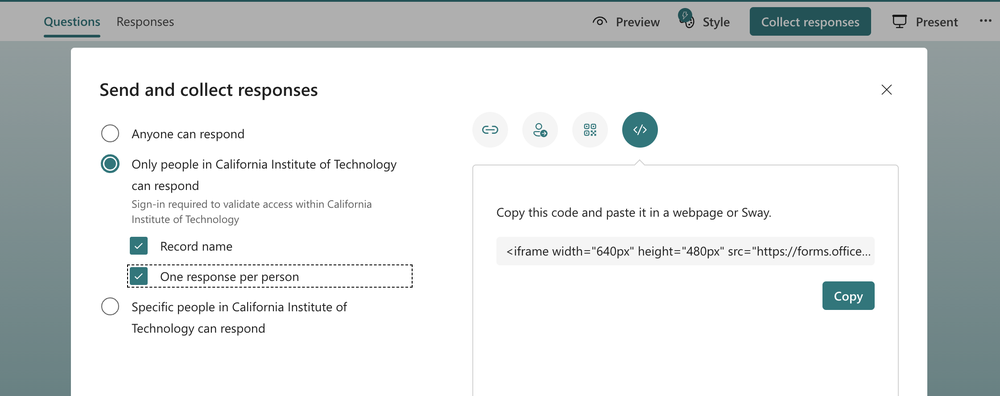 Settings for sharing Microsoft Forms