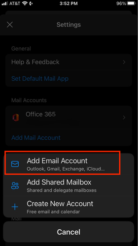 apple outlook mobile add email account screen