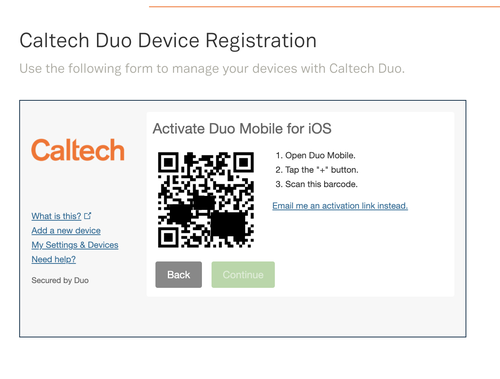 Duo mobile registration QR code screen