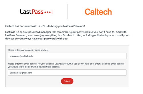 LastPass Premium setup enter Caltech and personal emails