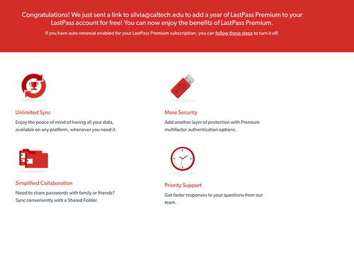 LastPass Premium congratualtions page