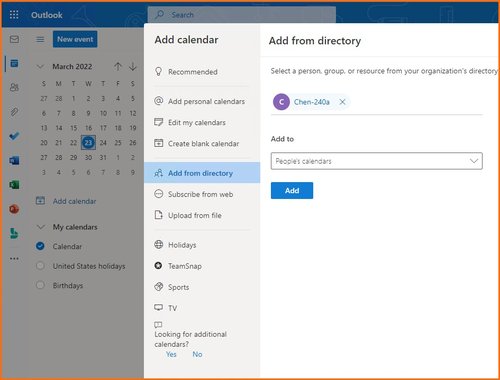 Outlook shared calendar configuration