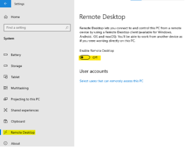 windows remote desktop settings screen