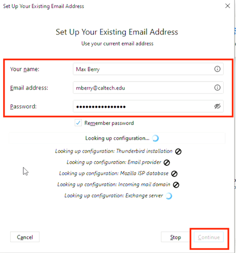 Thunderbird enter your email and password