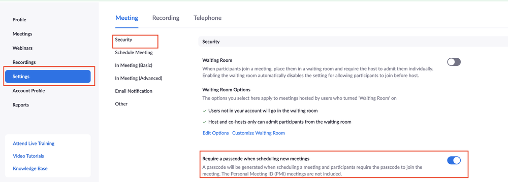 zoom meeting passcode settings