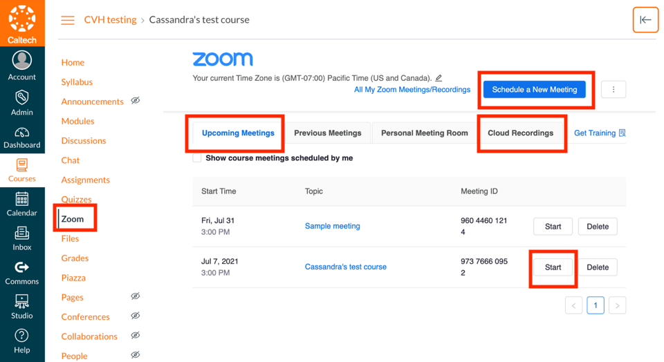 canvas zoom integration options for upcoming meetings, cloud recordings and start meeting highlighted