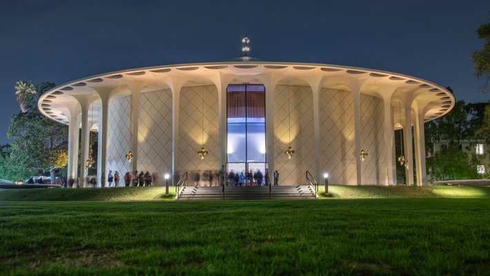 Beckman Auditorium at night