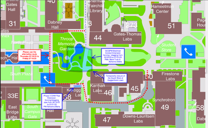 A map showing areas on campus that are currently fenced off for construction. Fenced areas include the turtle pond, the south central portion of campus at the Ginsburg Center site, and the area between Hameetman and Gates-Thomas.