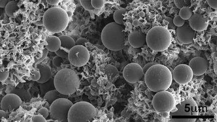 scanning electron micrograph of the structure in a mixed-matrix polymer-particle membrane.