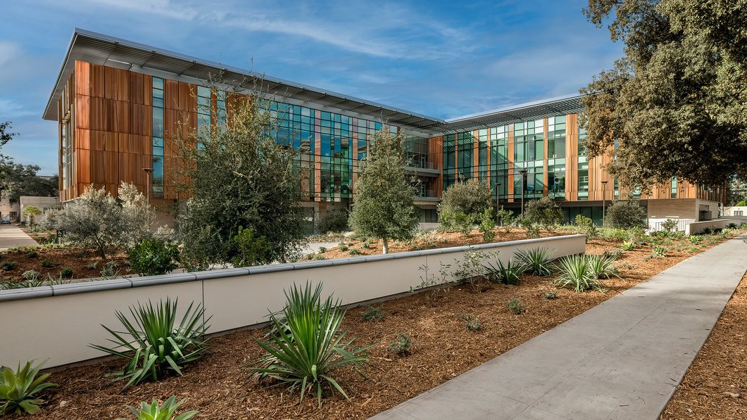 North side of the Chen Neuroscience Research Building showing copper facade of the exterior and the Zen garden in the foreground planted with drought tolerant plants, succulents and trees,