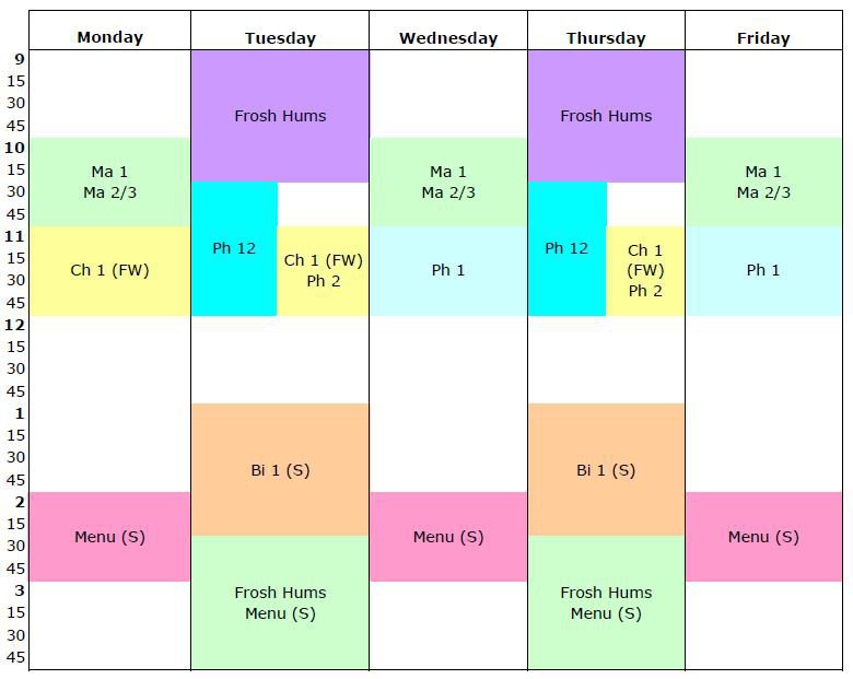 grid calendar for core courses