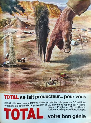 A vintage painted advertisement depicts an oil field with a gushing well. An enormous hand is stopping the well with its index finger.