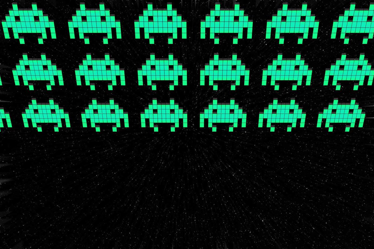 Rows of small pixelated "space aliens"