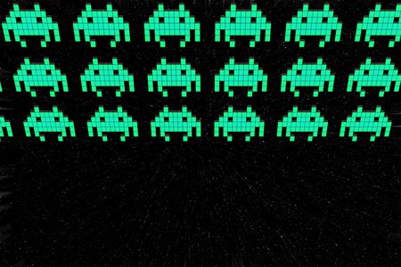 Rows of small pixelated "space aliens"