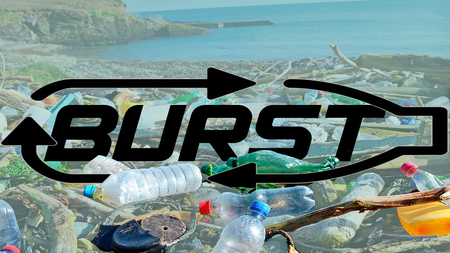 Stylized word "BURST" in black over a background of recyclable plastic waste