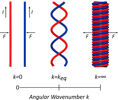Red and blue lines, first running parallel to one another, last in a tight coil, and in the center, loosely wrapped around one another.