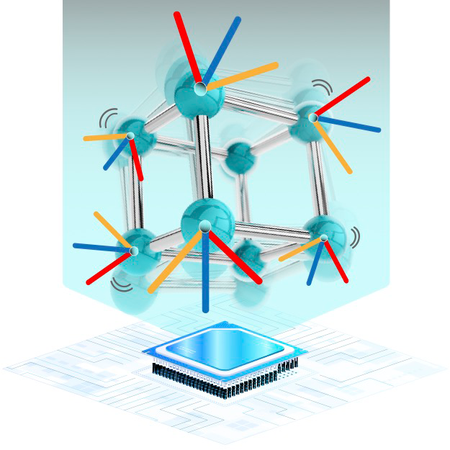 a conceptual image showing vibrating atoms in a crystal drawn with three axes representing tensor learning above a GPU chip