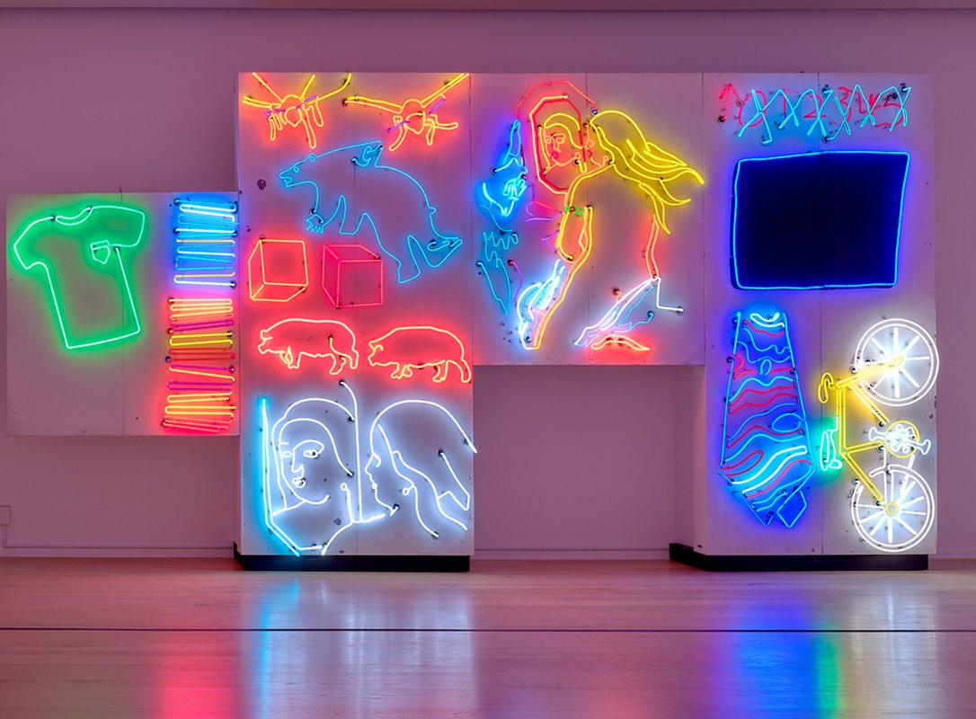 a collection of figures are portrayed with neon light tubing