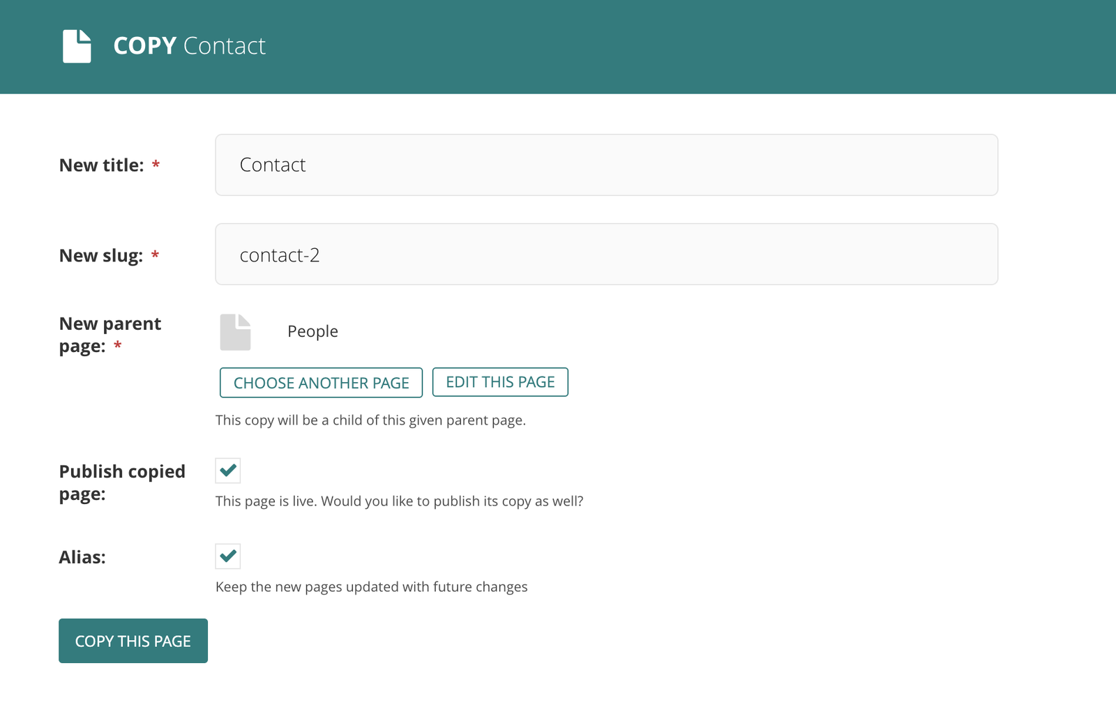 Create a page alias through the Copy Page by selecting Alias.