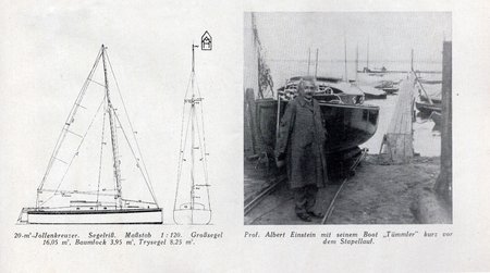 A drawing of Albert Einstein's cherished boat Tümmler, next to a photo of Einstein with the boat.