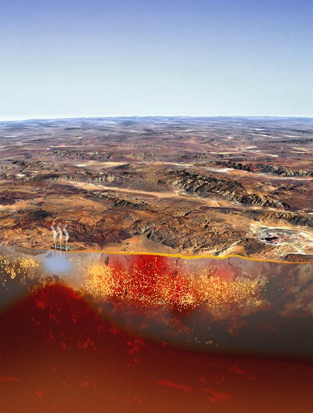 A superposition of the geologic area surrounding Ridgecrest with aftershocks shown as dots. There is an absence of aftershocks in the area of the Coso geothermal field.