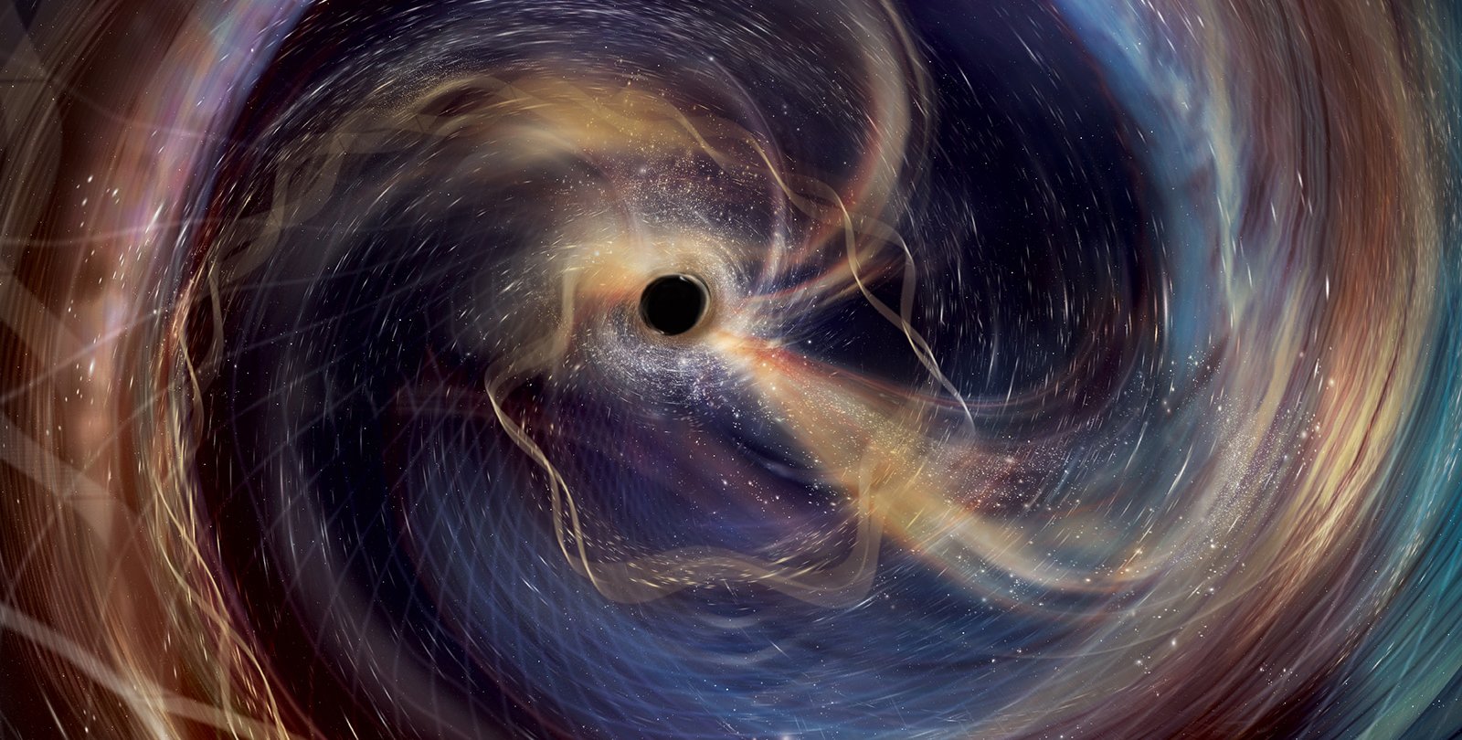 Swirling, colorful, wisps of gas surround a black hole.