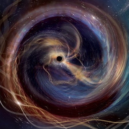 Swirling, colorful, wisps of gas surround a black hole.