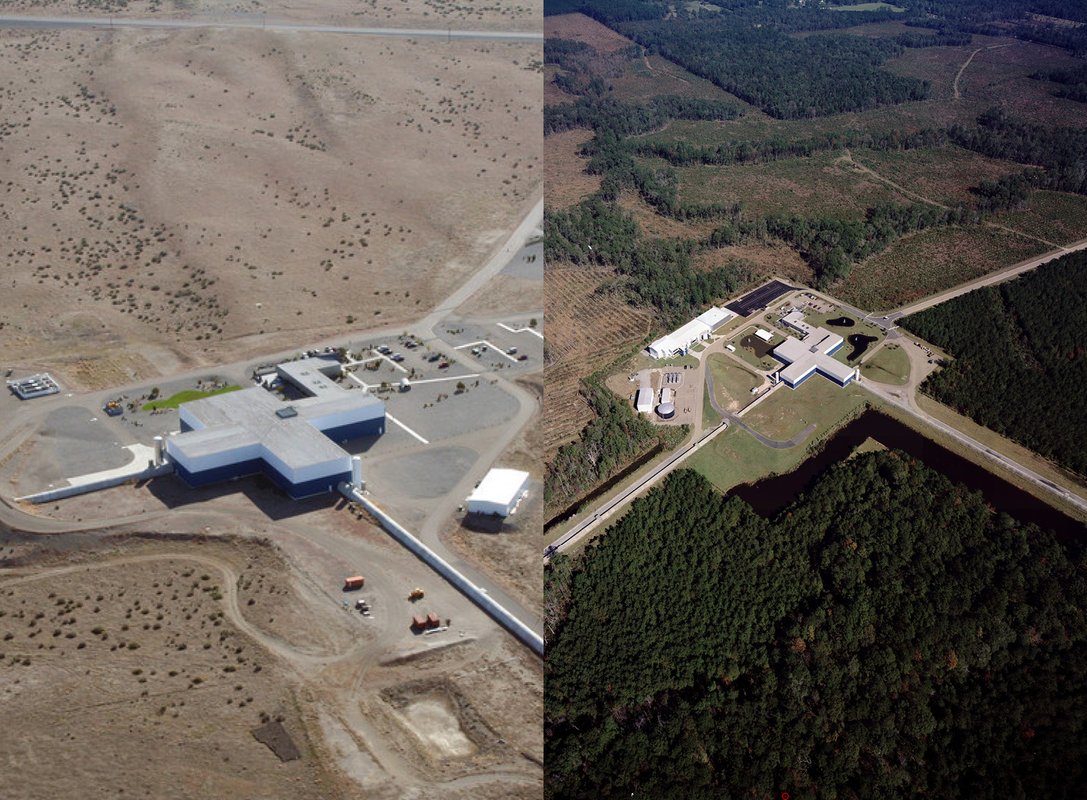 Side-by-side-by of the twin LIGO detector buildings.