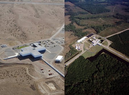 Side-by-side-by of the twin LIGO detector buildings.