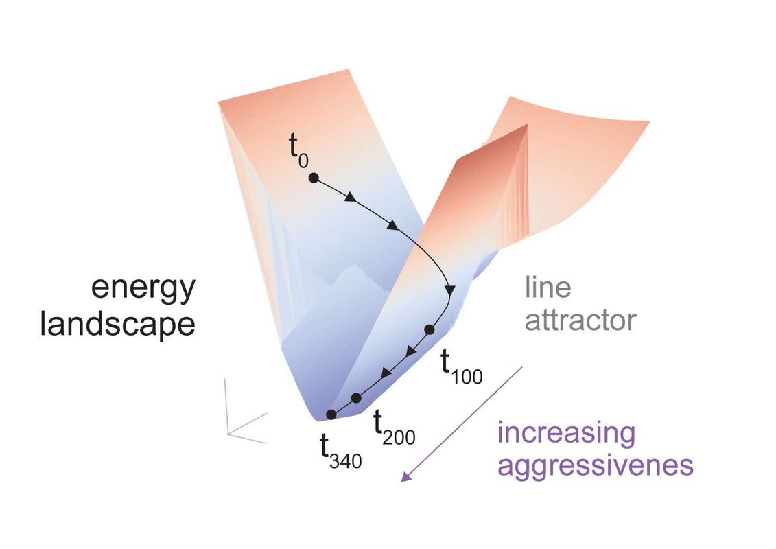 A graph showing a line attractor in a 3D trough