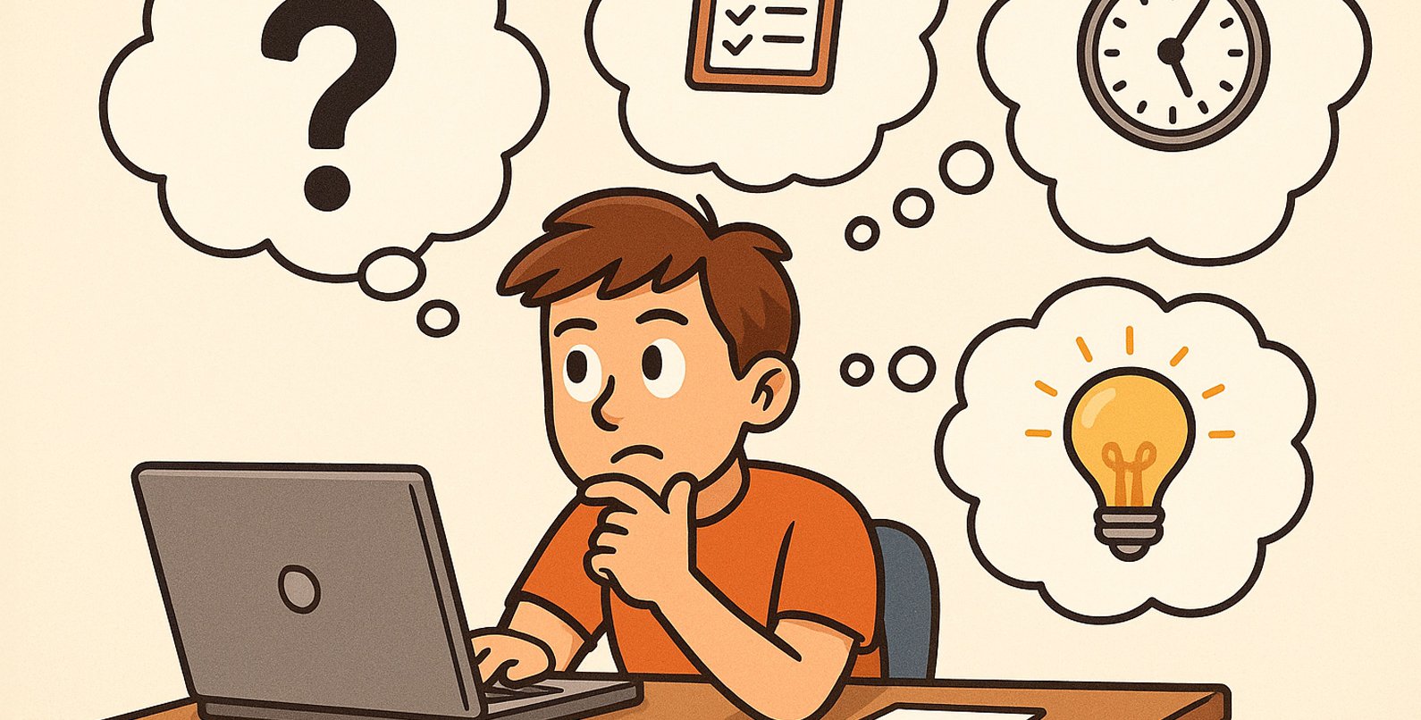 Cartoon of a boy sitting at a desk with a laptop computer open. There are four cartoon thought bubbles, one with a question mark, one with a clock, one with a light bulb, and one with a clipboard.