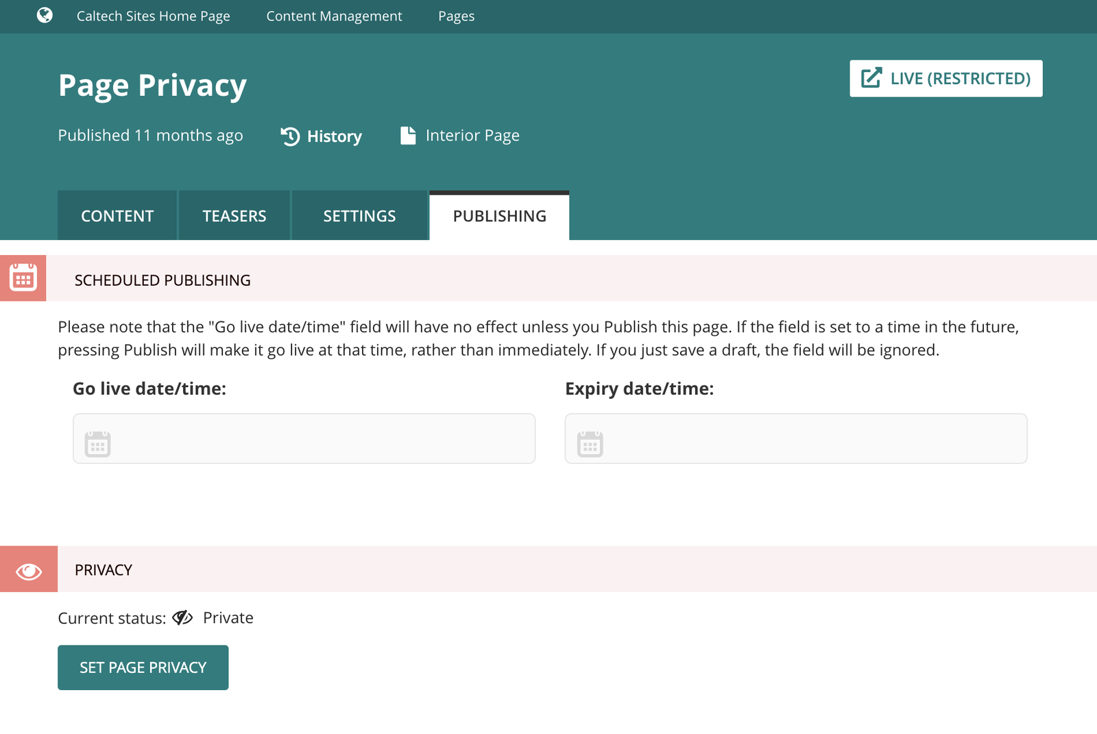 Page privacy option has moved to the Publishing tab