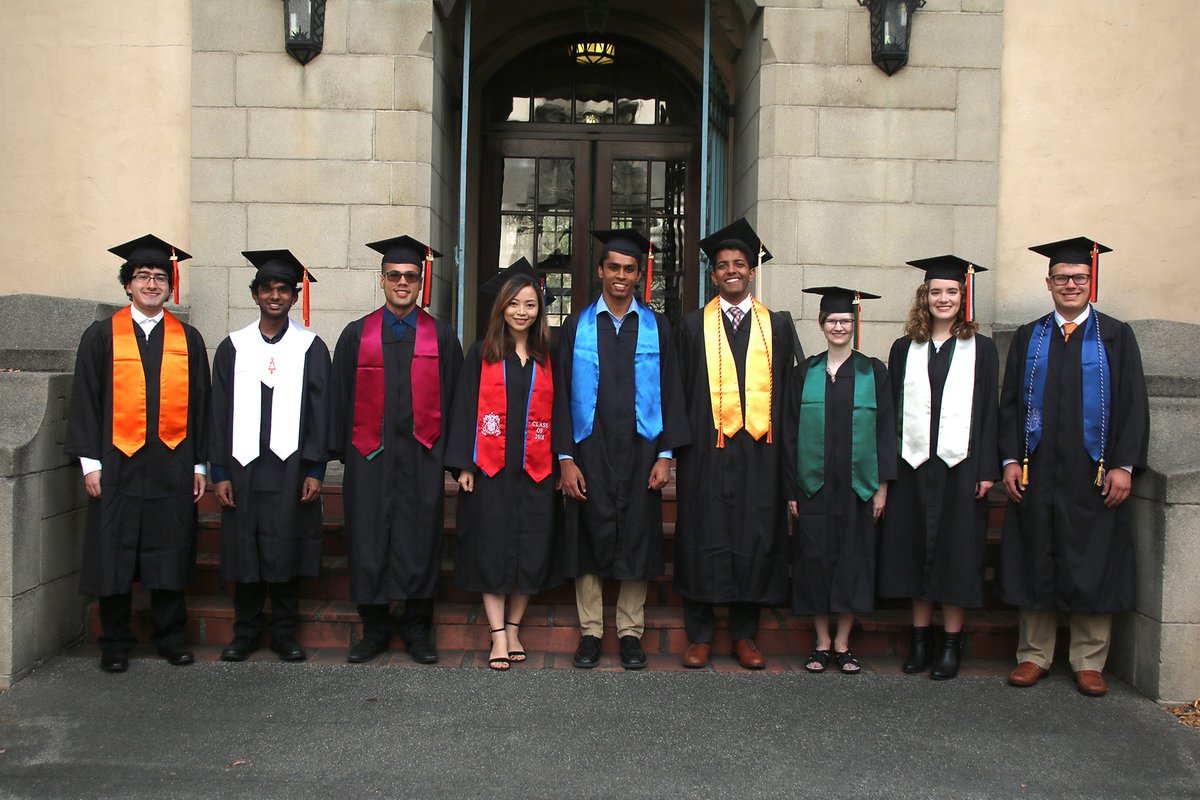 Photo showing the different types of academic regalia worn by graduating Caltech students.