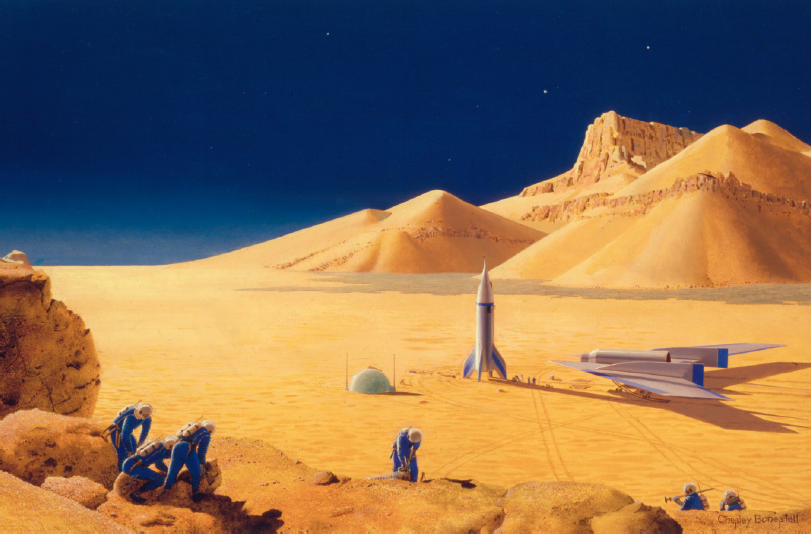 Alien planet landscape with astronauts