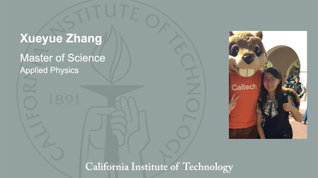 Title card for Xueyue Zhang, master of science in physics, as she poses with the Caltech Beaver mascot