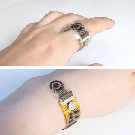 The wearable patch is shown wrapped around someone's finger (top) and wrist (bottom).