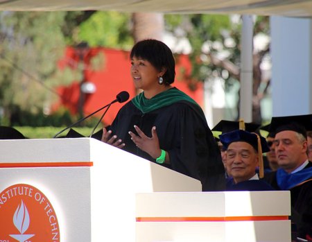 photo of Mae Jemison speaking at Caltech's 2017 Commencement