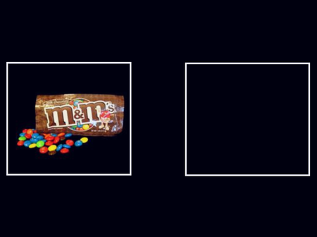 two boxes on a computer screen, one showing a package of m&ms, the other showing nothing