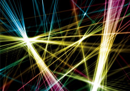 An artist's rendition of multi-colored laser beams chaotically arranged in front of a black background.
