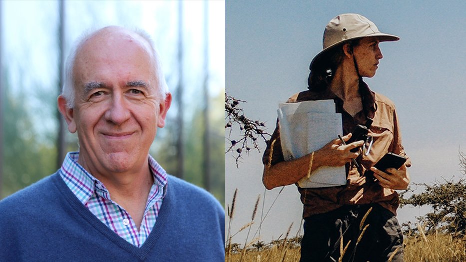 Portrait of a smiling man next to a photo of a woman in a safari-looking hat in a field, holding a phone, pen, and papers